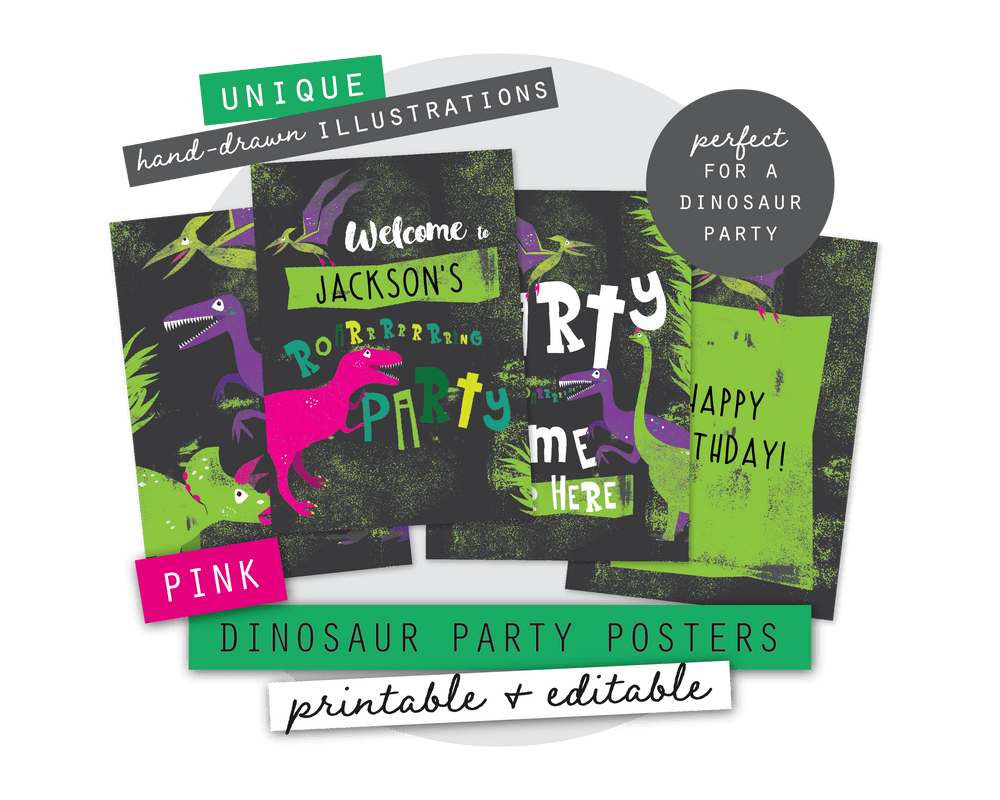 Pink Dinosaur Party Printable Posters