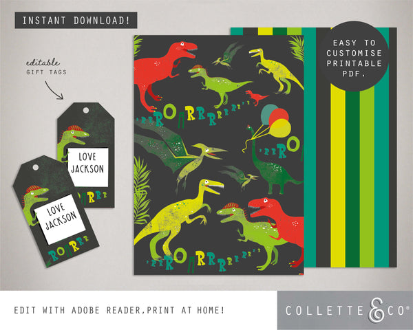 Printable Dinosaur Wrapping Paper & Gift Tag 02
