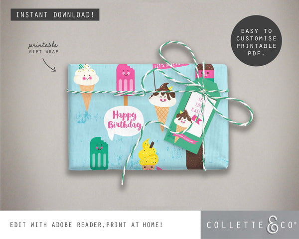 Printable Ice Cream Wrapping Paper & Gift Tag 02