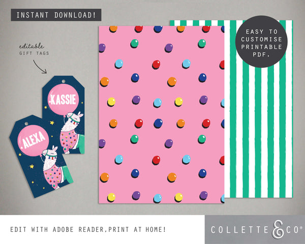 Printable Llama Wrapping Paper & Gift Tag 02