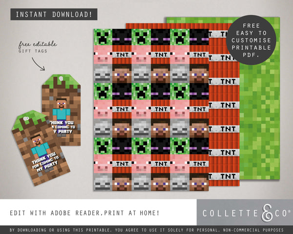 Minecraft Toy Tags FREE Minecraft Party Printable Wrapping Paper & Gift Tags