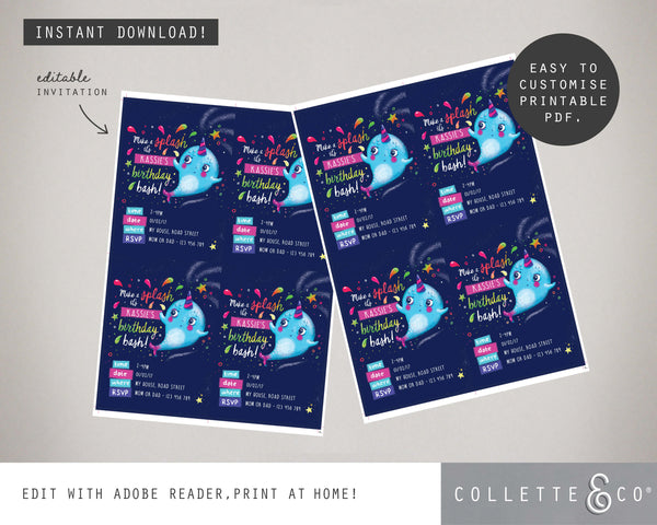 Printable Narwhal Invitation 02
