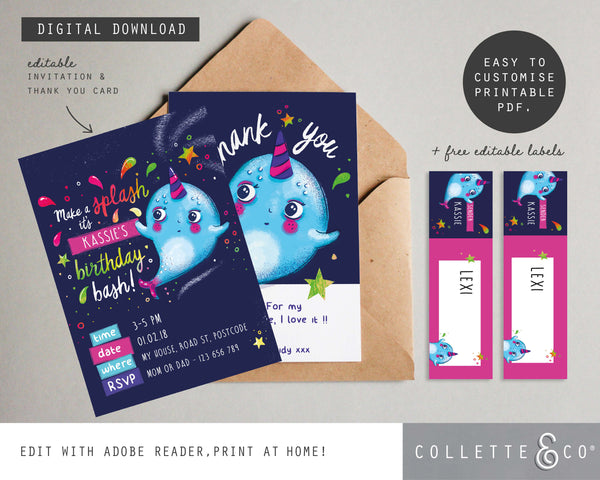 Printable Narwhal Invitation & Thank You Card