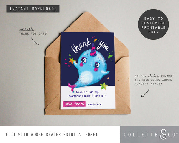 Printable Narwhal Thank You Card