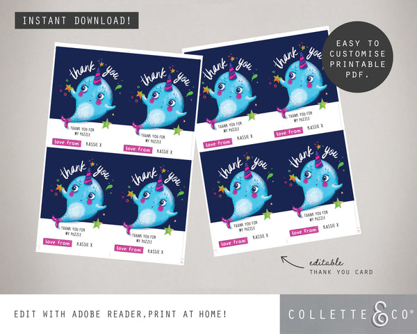 Printable Narwhal Thank You Card 02