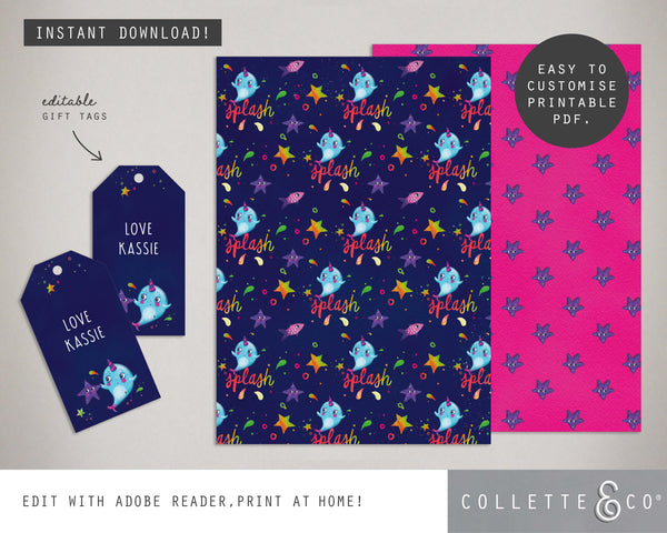 Printable Narwhal Wrapping Paper & Gift Tag