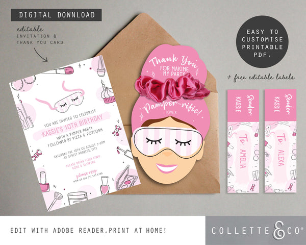 Printable Pamper Invitation & Thank You Card