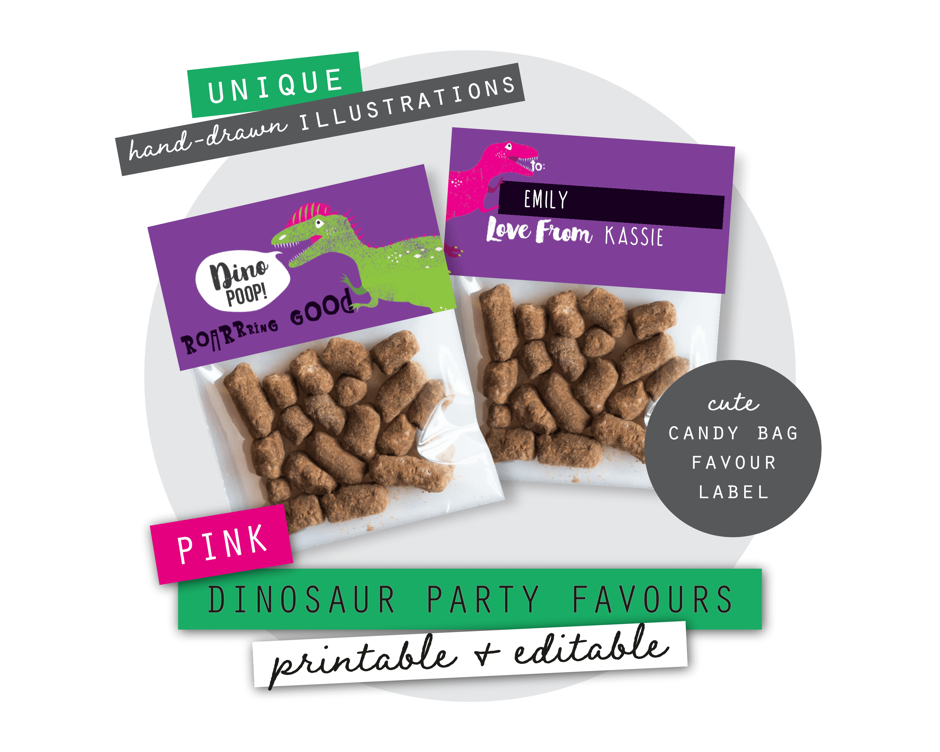 Pink Dinosaur Poop Printable Favour Candy Bag Toppers & Labels
