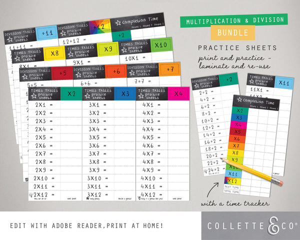 Printable Times Table and Division Practice Sheets Bundle