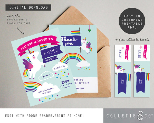 Printable Unicorn Invitation & Thank You Card