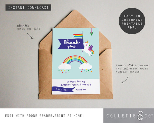 Printable Unicorn Thank You Card