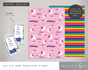 Printable Unicorn Wrapping Paper & Gift Tag