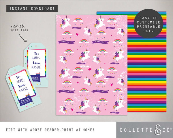 Printable Unicorn Wrapping Paper & Gift Tag