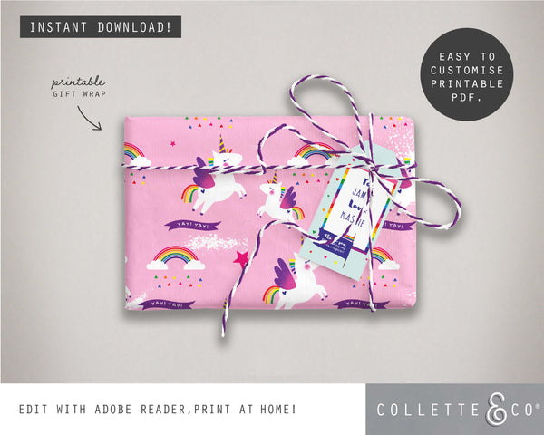 Printable Unicorn Wrapping Paper & Gift Tag 03