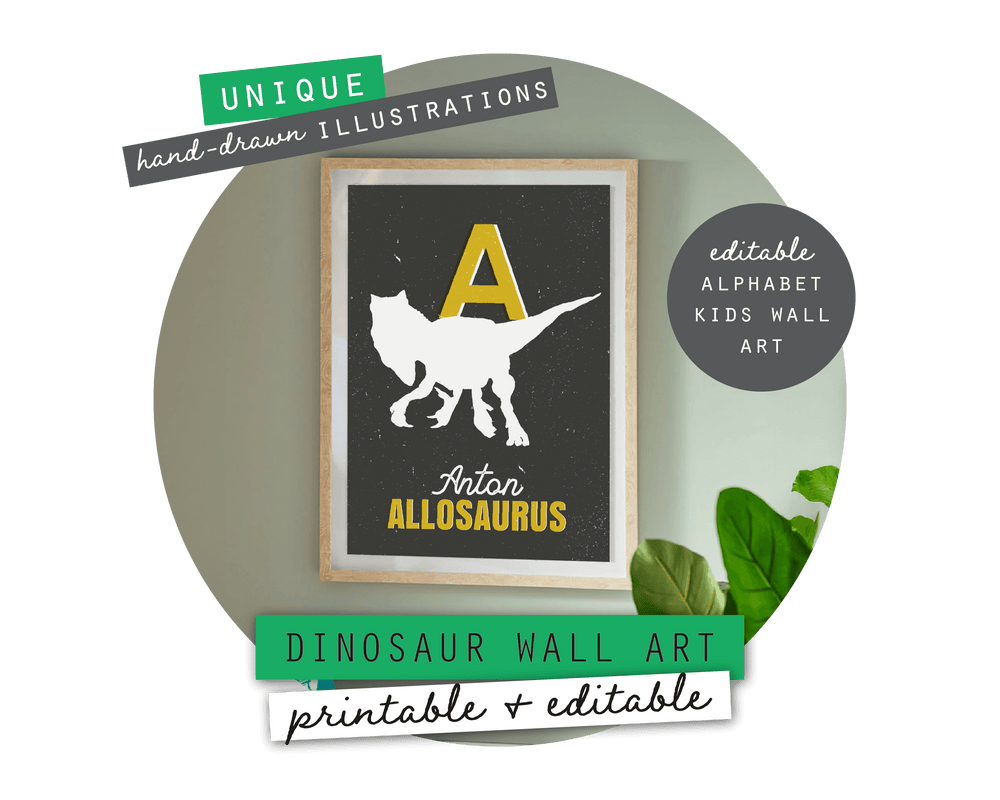 Dinosaur Alphabet A-Z Printable Wall Art (Grey & Yellow)