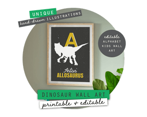 Dinosaur Alphabet A-Z Printable Wall Art (Grey & Yellow)